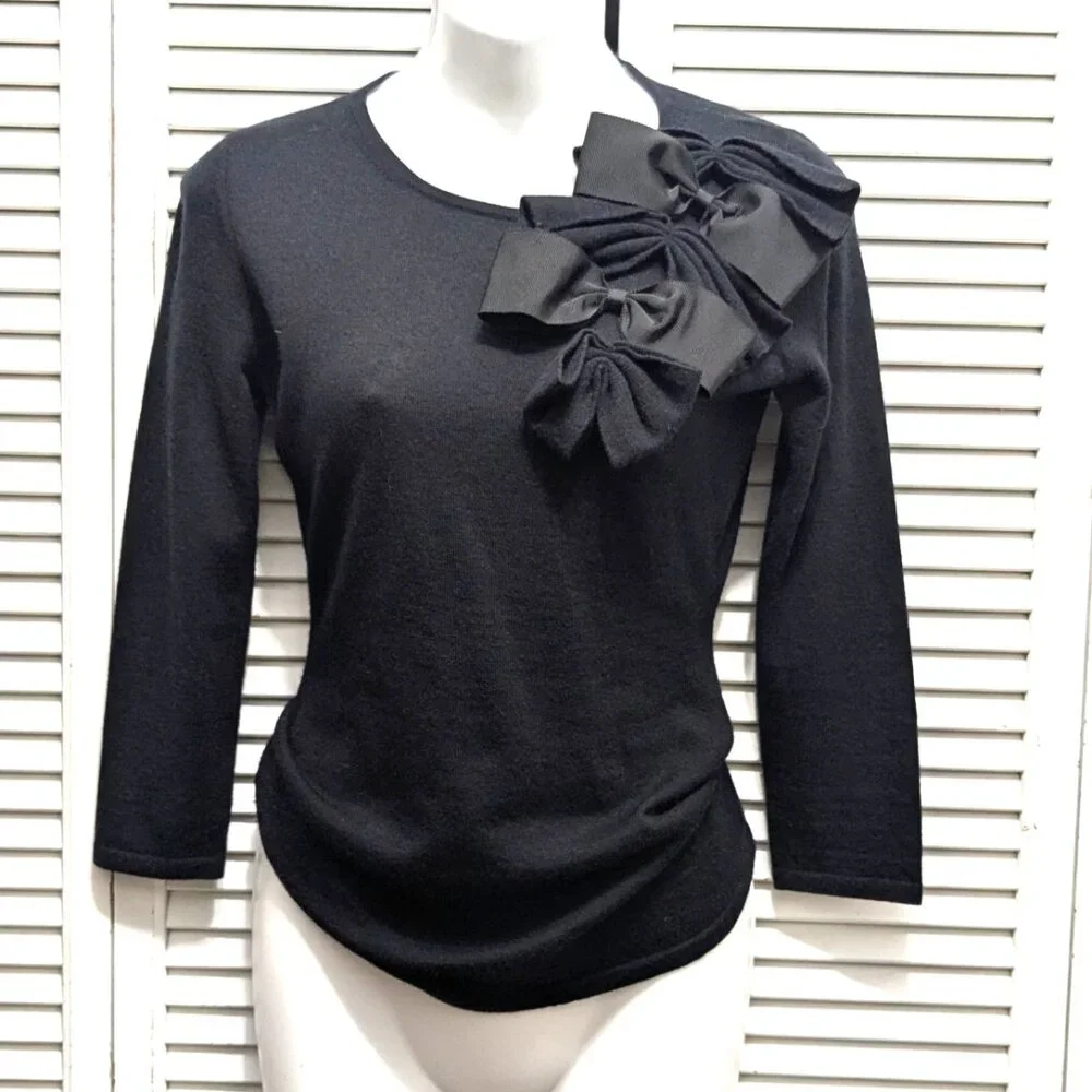 Cashmere Silk Sweater Womens Small Black with Bows Rosette Saks Fifth Ave - Picture 3 of 16